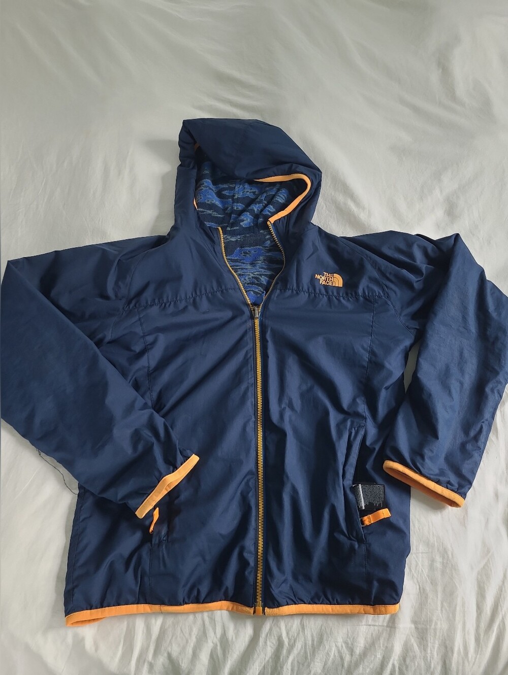 The North Face Boys Navy Blue Hooded Reversible Jacket Size 14/16 Fair Condition